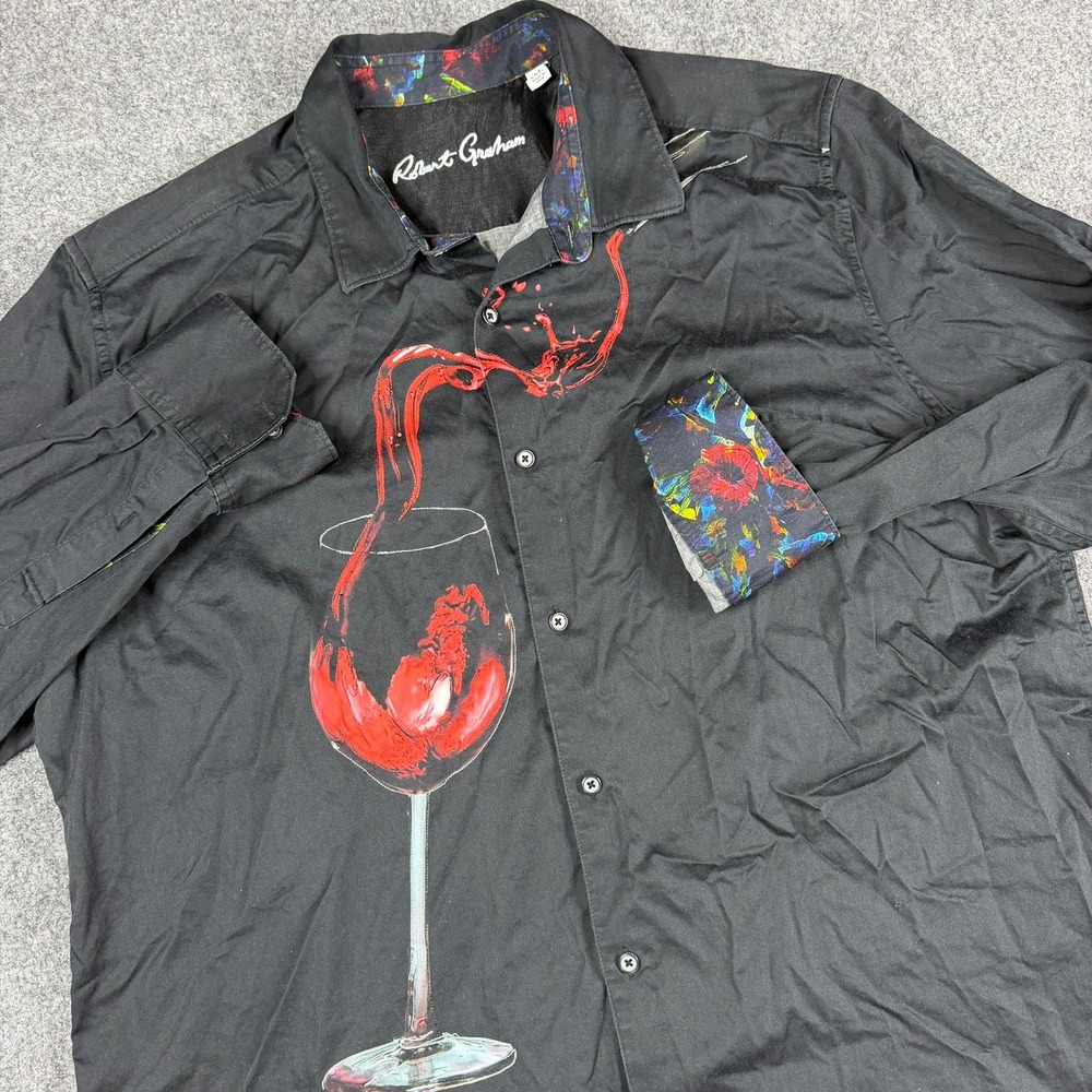 Robert Graham Button Down Shirt Mens 2XL Black Red Wine Glass Graphic Splash